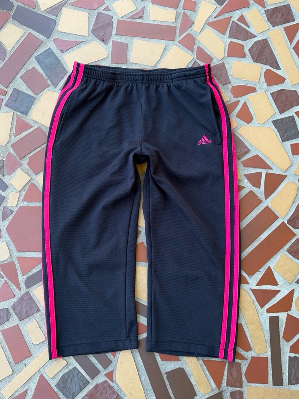 Adidas Black Capris with Pink Side Stripes and logo